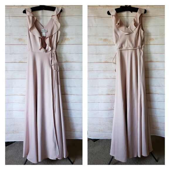 BHLDN Tansy Satin Ruffle Neckline Wrap Maxi Dress Gown in Oyster Sz 8 #60369113 - Picture 3 of 15